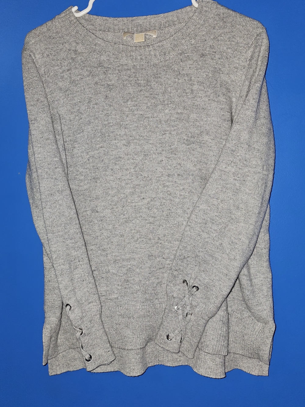 Michael Kors Heather Gray Crewneck Sweater with Lace-Up Sleeve Detail
